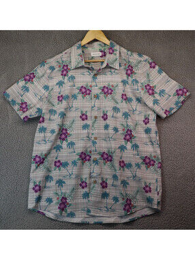 Projek Raw Shirt Men Large Grey Hawaiian Floral Trees Button